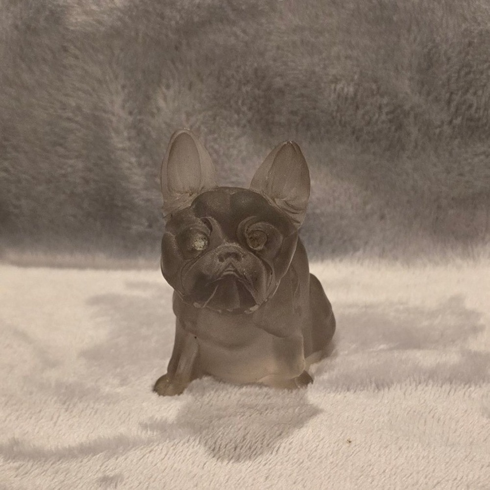 Frosted Glass French Bulldog Figurine Gray Frenchie Dog Sculpture Collar 2.75"